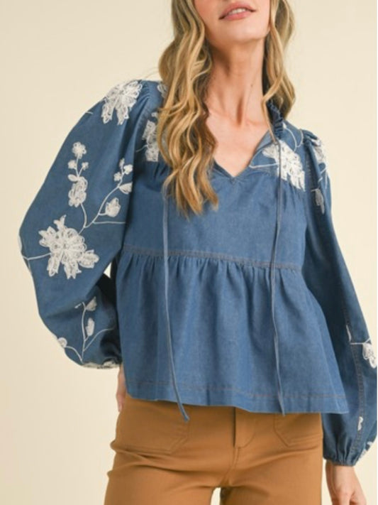 Blue and white floral embroidered sleeves shirt