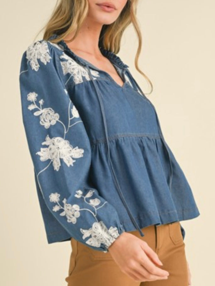 Blue and white floral embroidered sleeves shirt