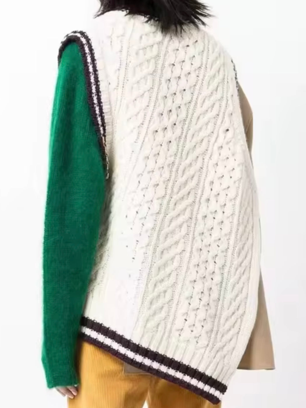 White knitted vest, beige and green mix fabrics shirt sweater