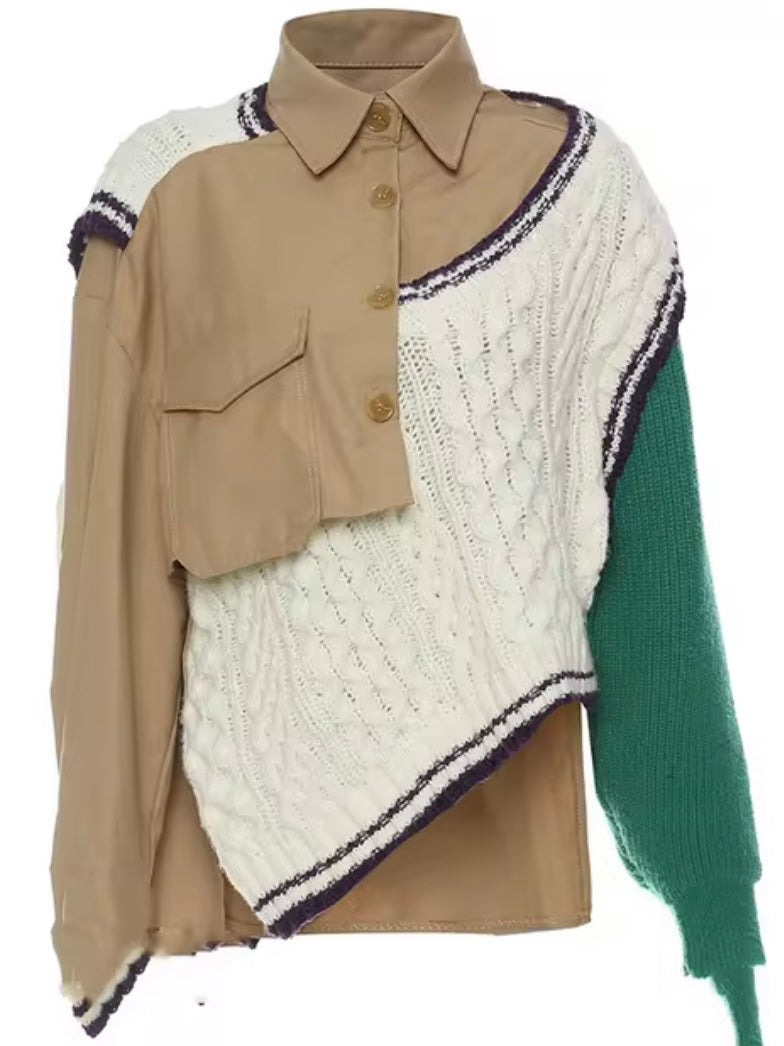 White knitted vest, beige and green mix fabrics shirt sweater