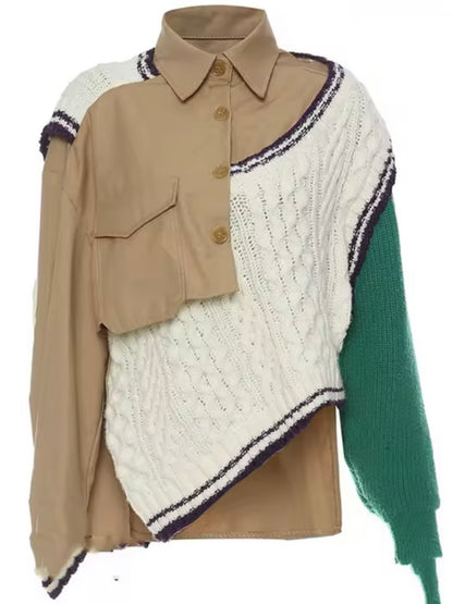 White knitted vest, beige and green mix fabrics shirt sweater