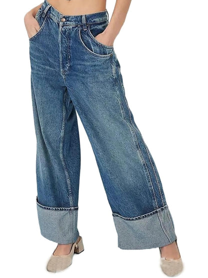 Blue washed and dirty wide jeans pants