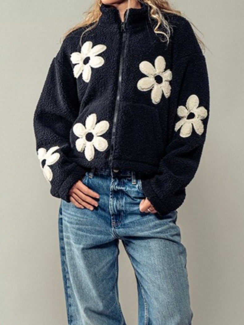 Zippered big floral patched crop jacket