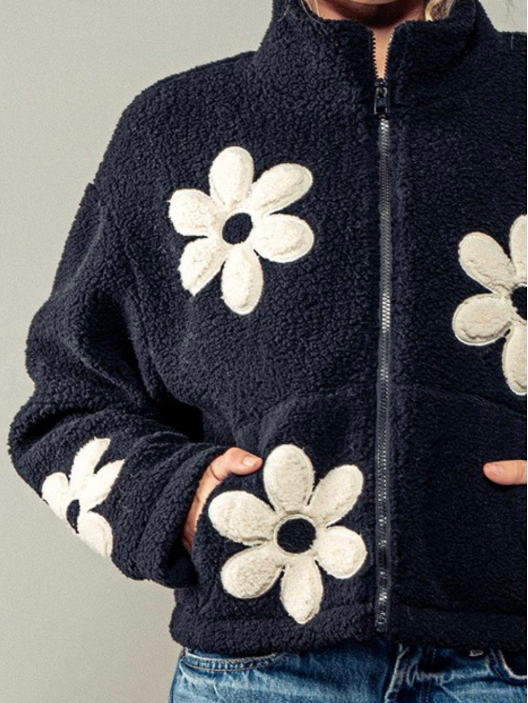 Zippered big floral patched crop jacket