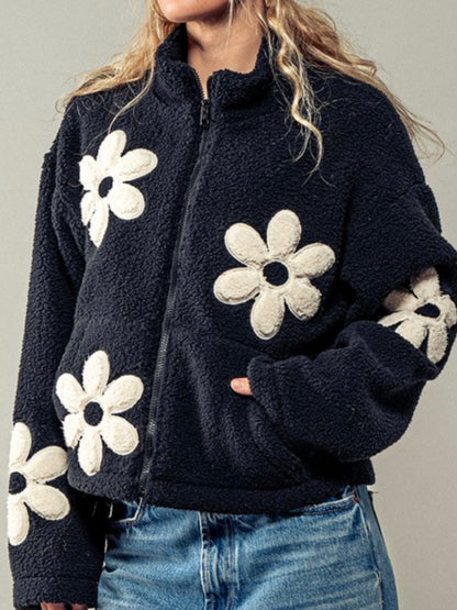 Zippered big floral patched crop jacket