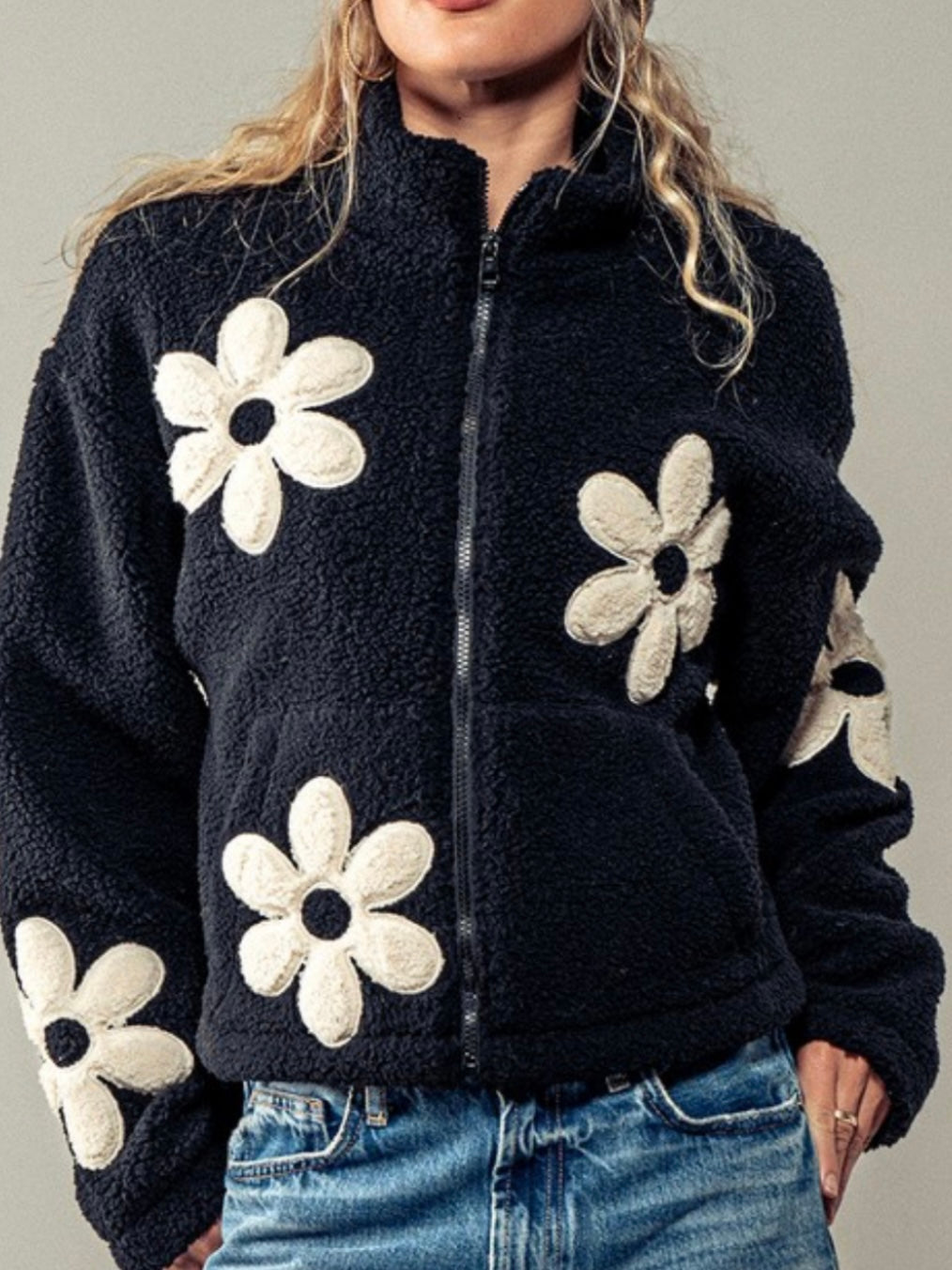 Zippered big floral patched crop jacket