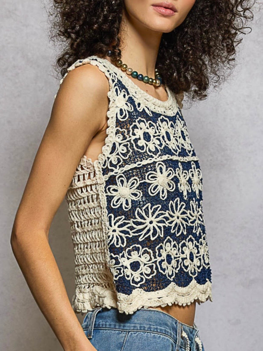 Blue and natural crochet floral sleeveless top