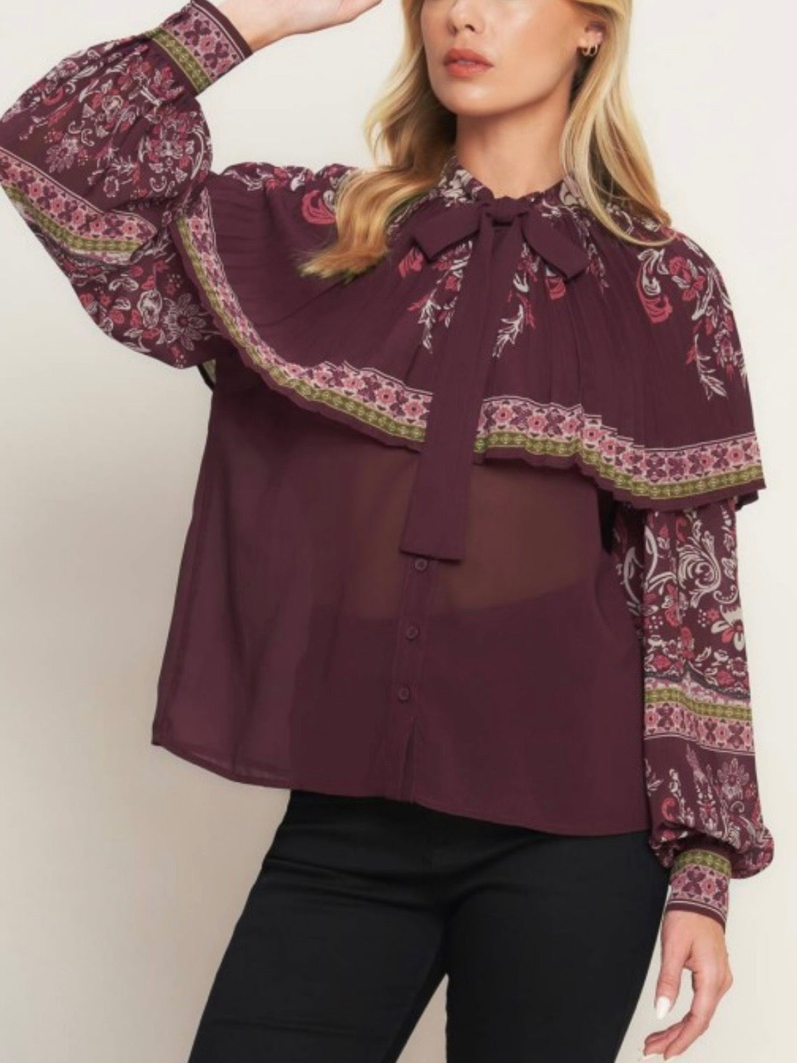 Burgundy Floral Capelet Blouse with Bow Tie