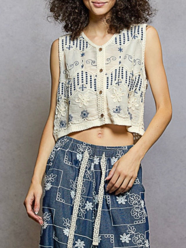 Blue and natural sleeveless crop top
