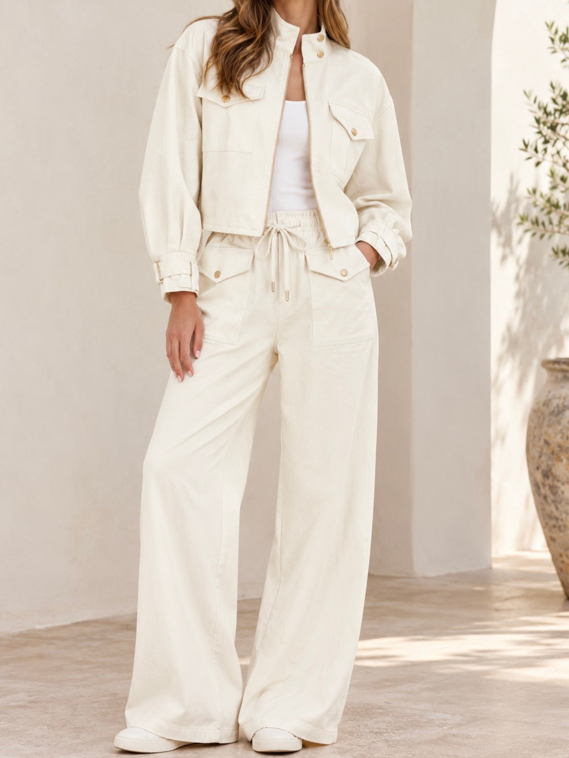 Off white zipper front closure jacket and pants set