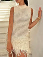 Beige sleeveless net crochet mini dress