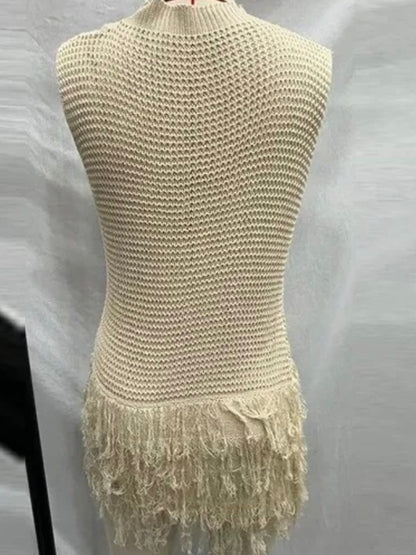 Beige sleeveless net crochet mini dress