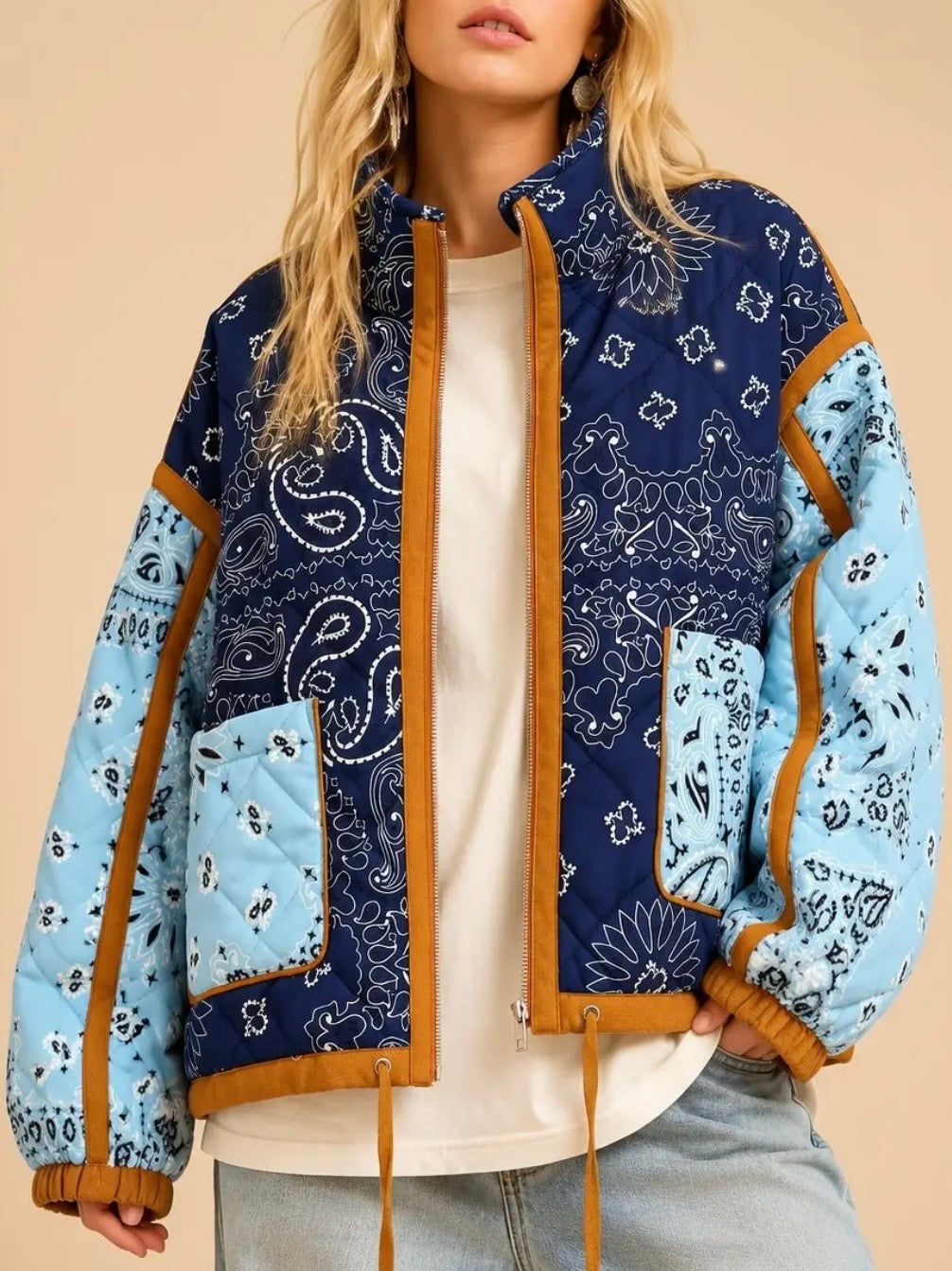 Bandana printed Blue Quilted Jacket