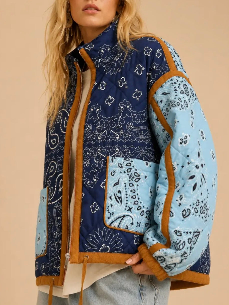Bandana printed Blue Quilted Jacket