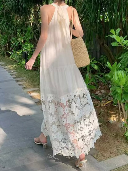 Off white floral lace A-line maxi dress