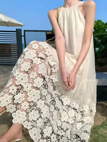 Off white floral lace A-line maxi dress