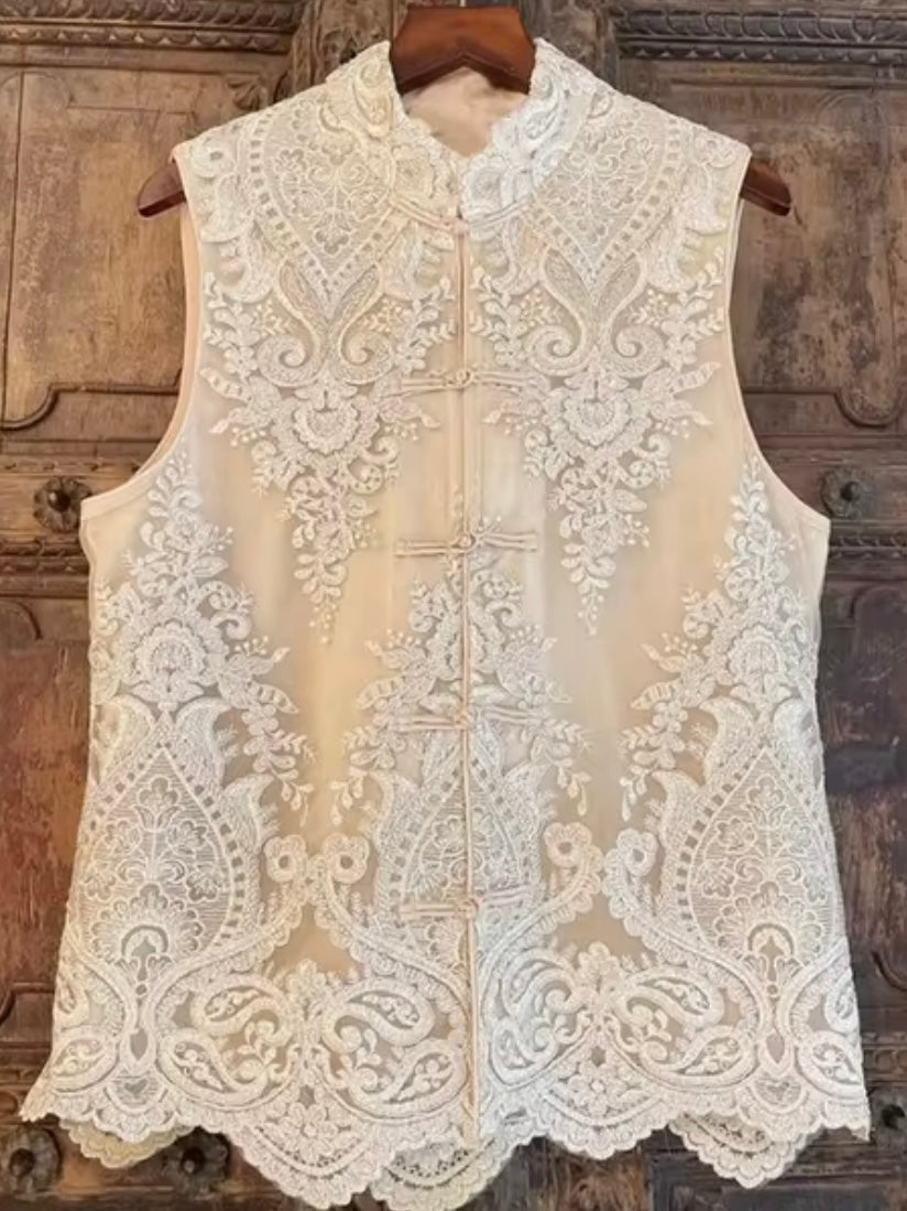 Beige embroidered texture lace top vest