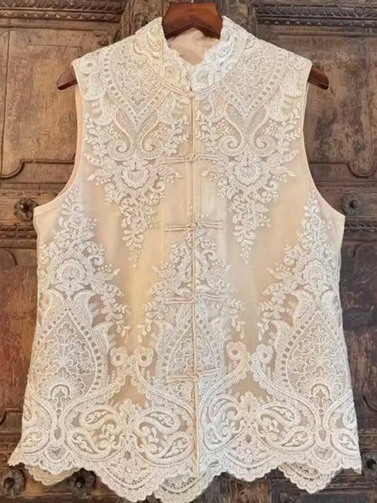 Beige embroidered texture lace top vest