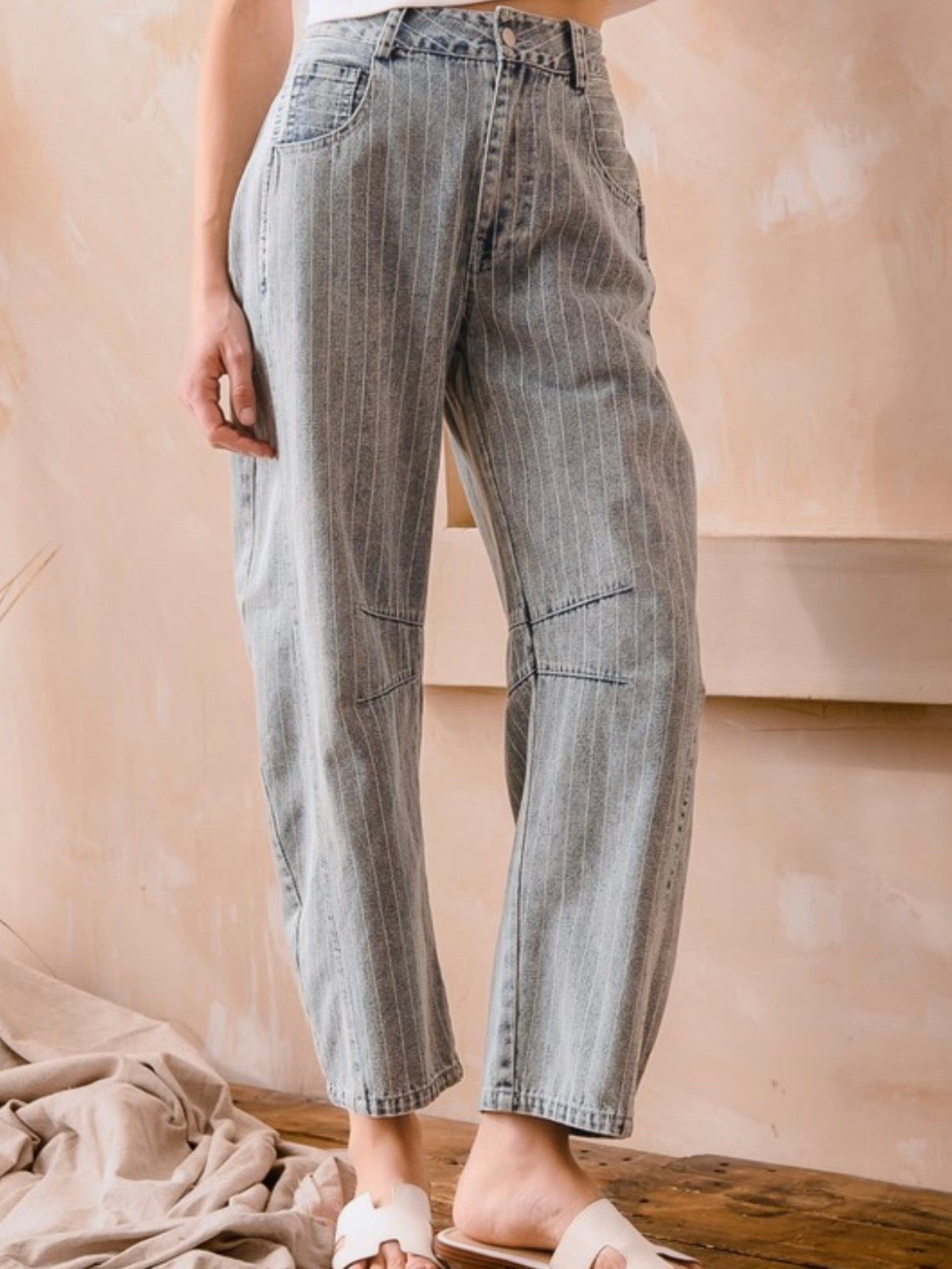 Washed light blue striped print Pattern Barrel Pants