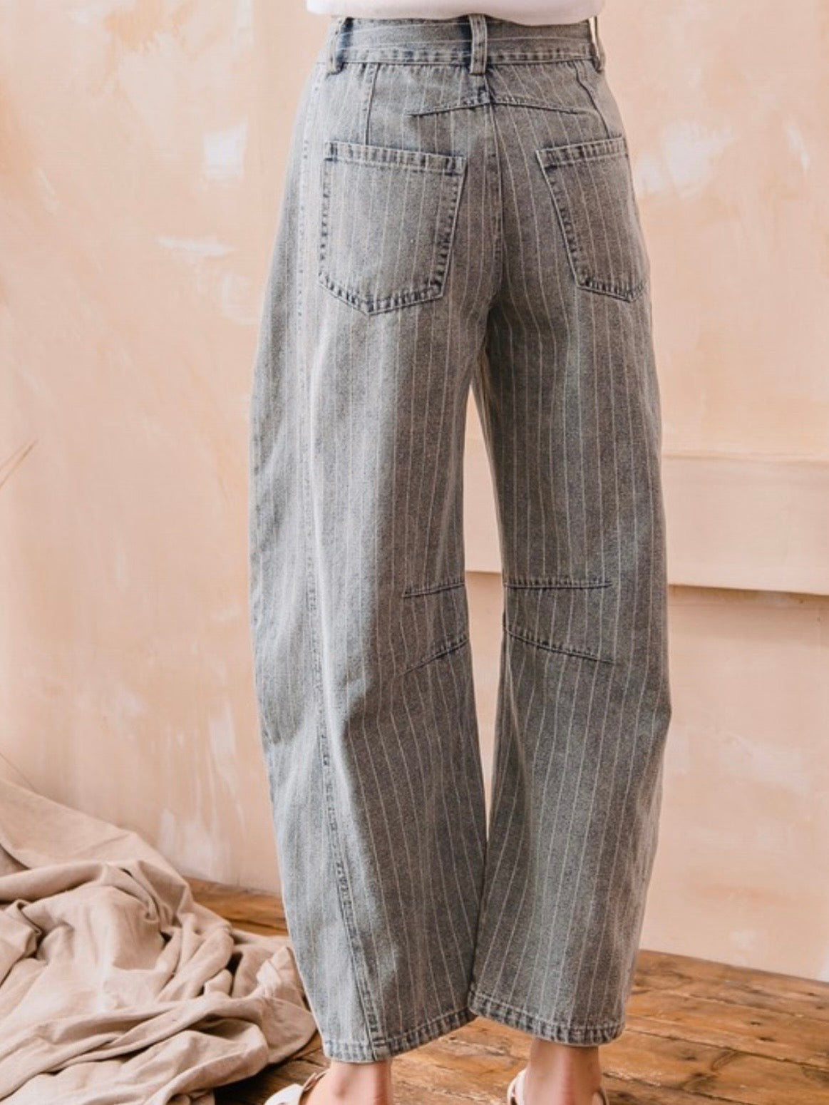 Washed light blue striped print Pattern Barrel Pants