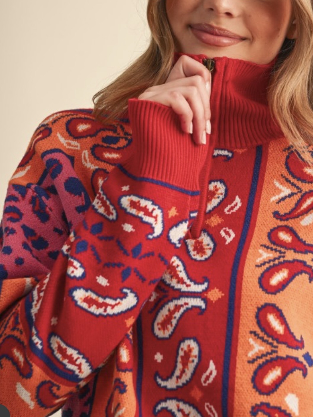 Red & Orange Paisley Half-Zip Knit Sweater