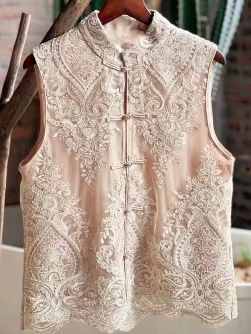 Beige embroidered texture lace top vest