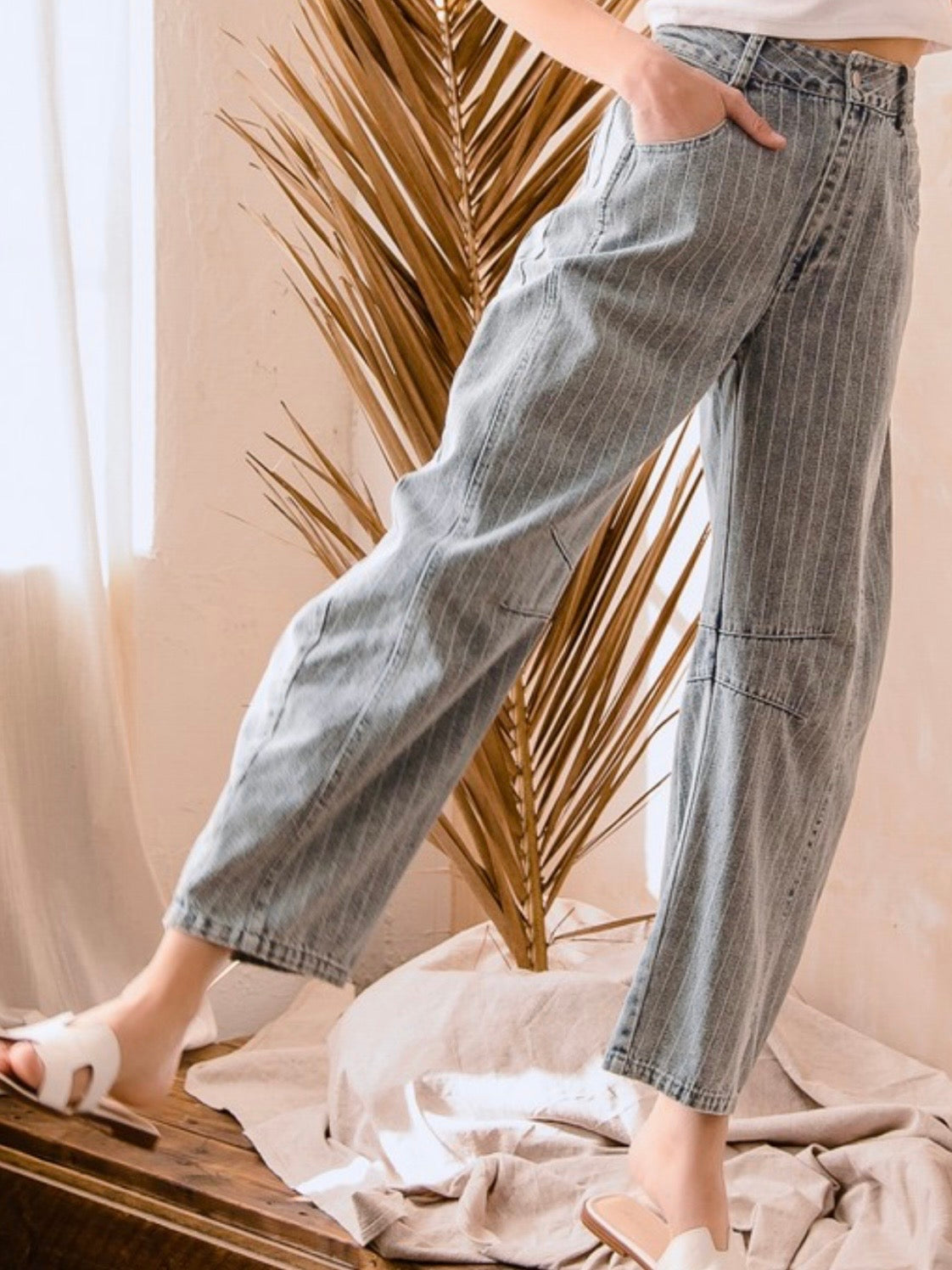 Washed light blue striped print Pattern Barrel Pants