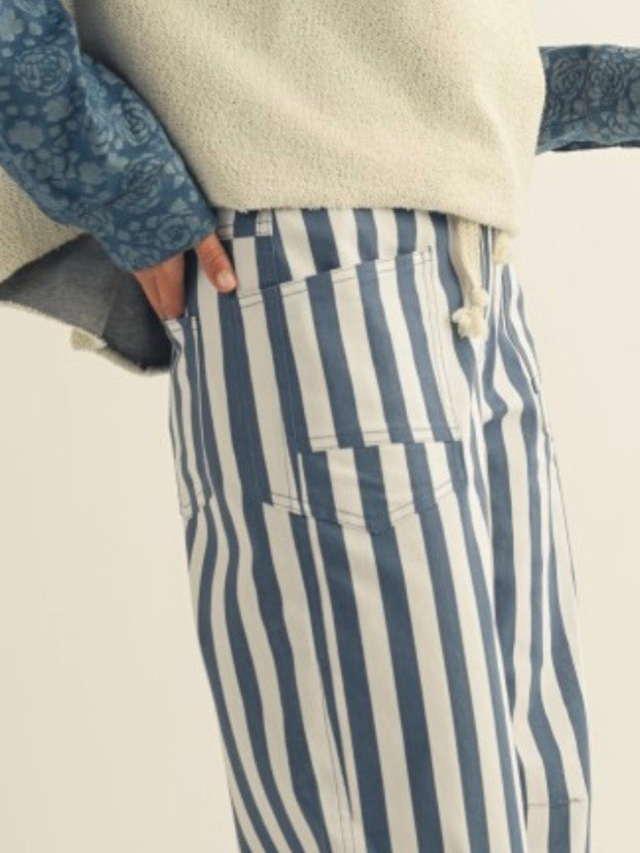 White and blue striped print Pattern Barrel Pants