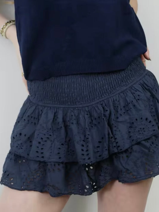 Solid colors lace layered mini skirt