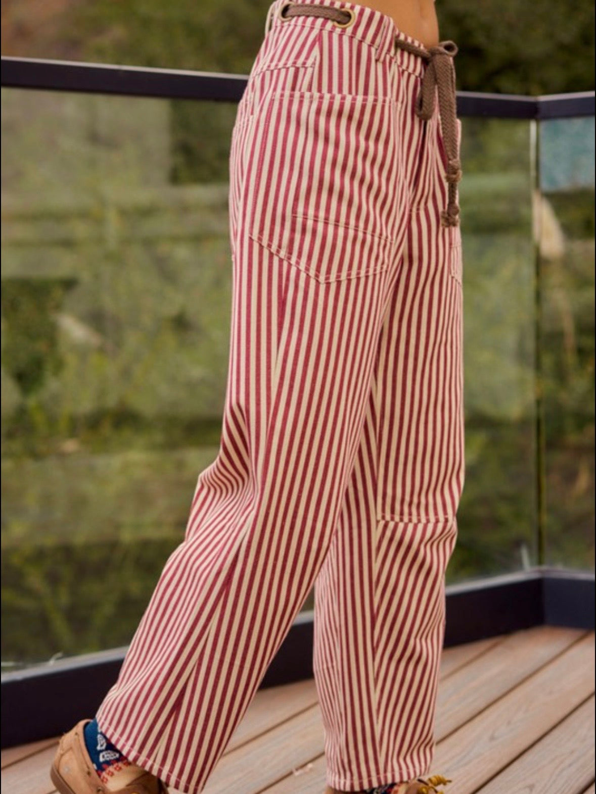 Red and white striped print Pattern Barrel Pants