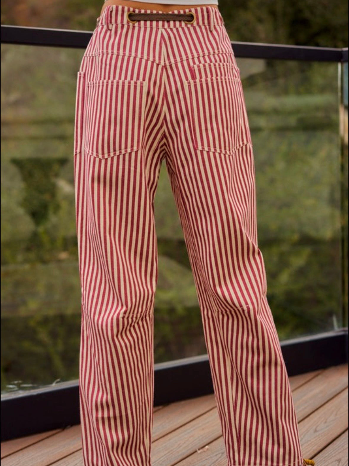 Red and white striped print Pattern Barrel Pants