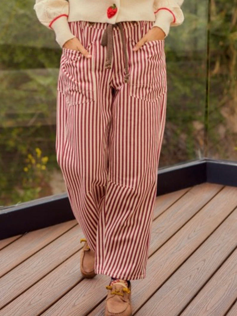 Red and white striped print Pattern Barrel Pants