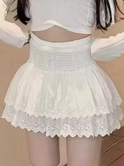 White lace layered mini skirt