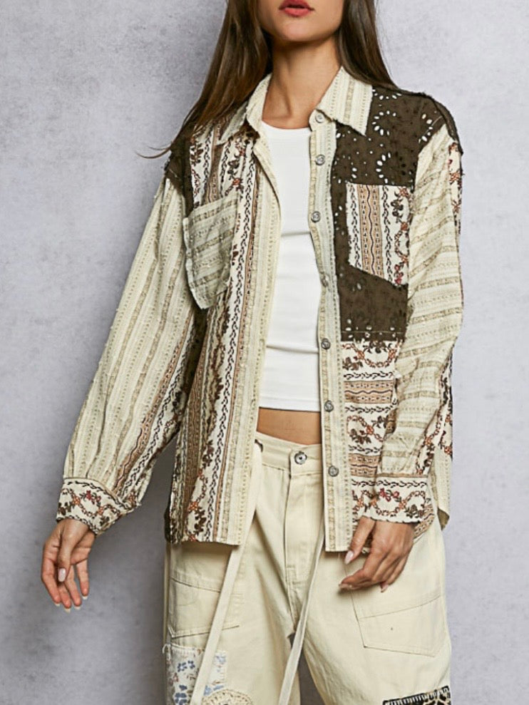 Beige and brown mix fabrics shacket - shirt lace details