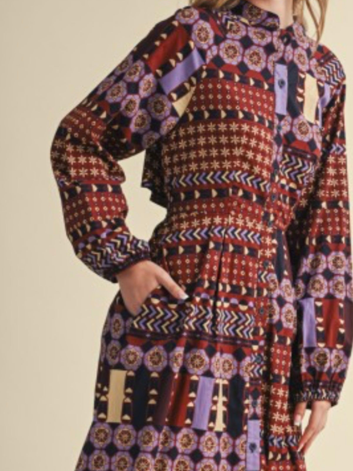Geometric Print Long Sleeve Cotton Midi Dress