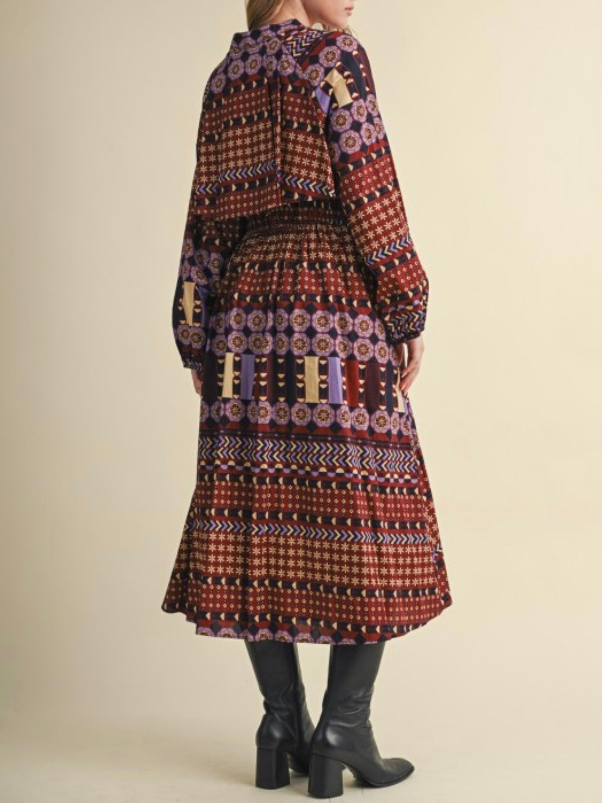 Geometric Print Long Sleeve Cotton Midi Dress