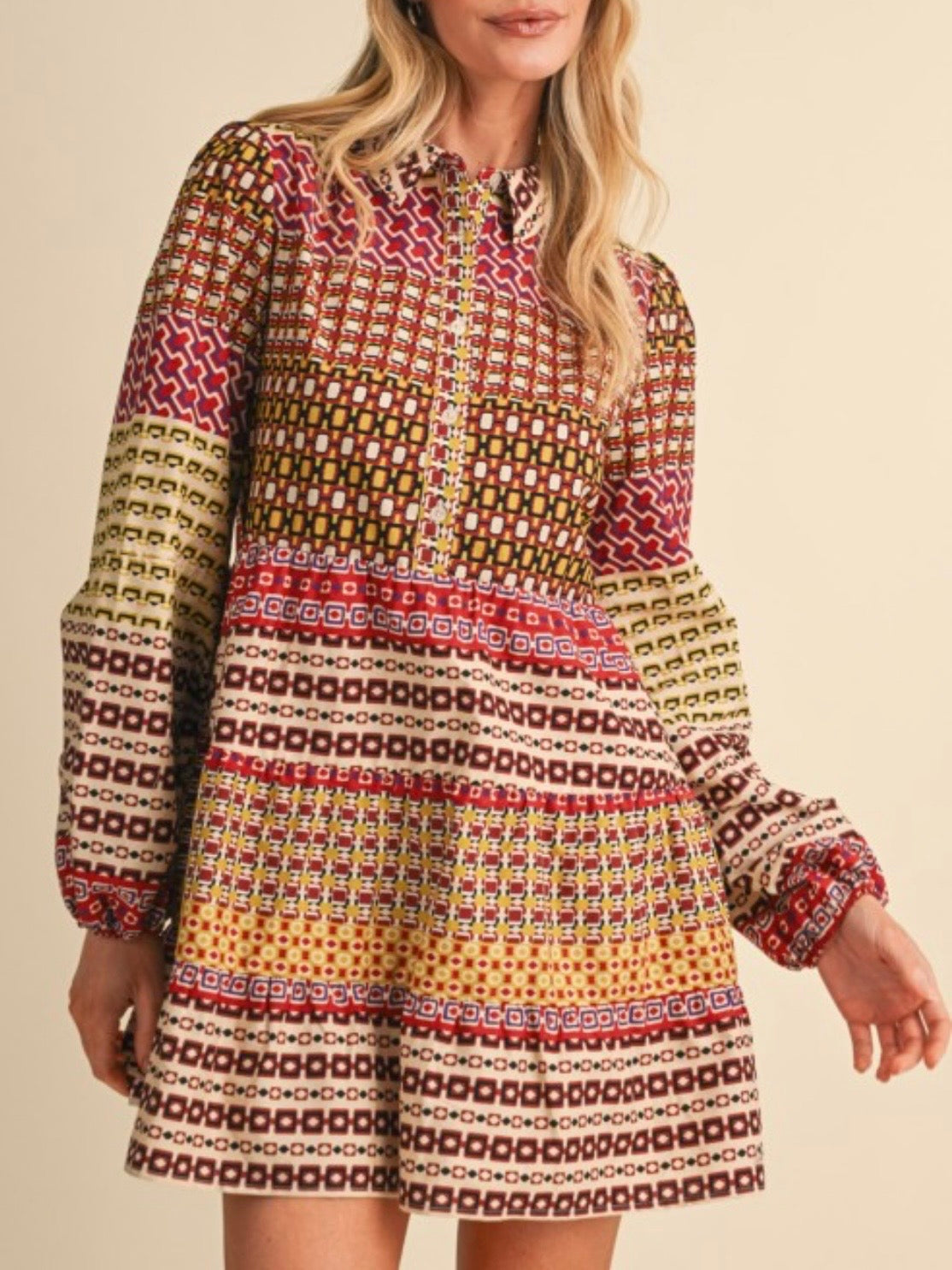 Geometric Print Cotton Mini Shirt Dress