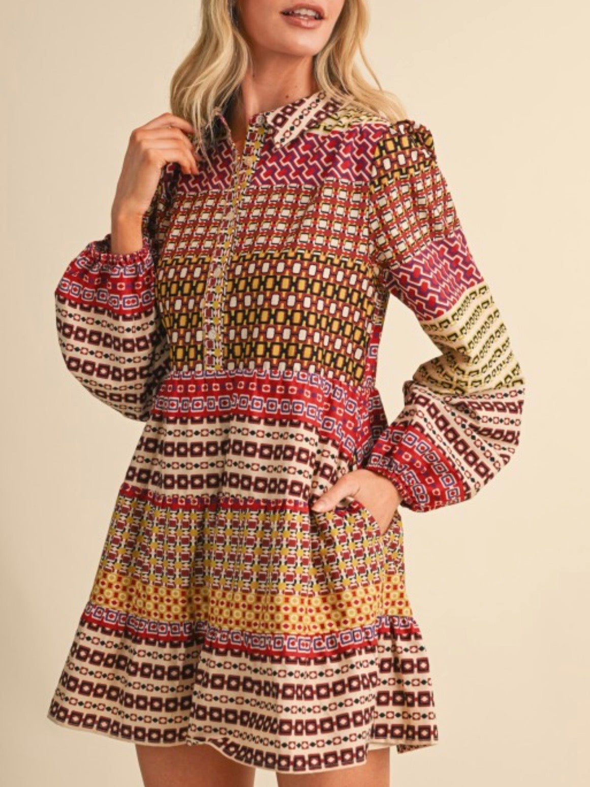 Geometric Print Cotton Mini Shirt Dress
