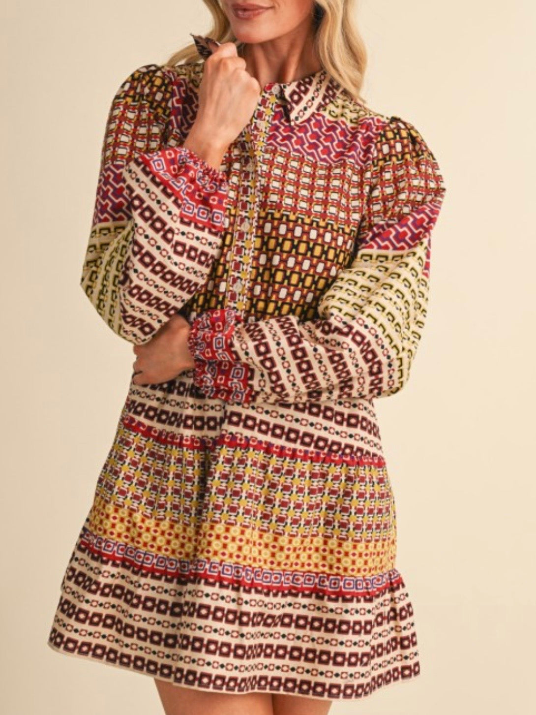 Geometric Print Cotton Mini Shirt Dress