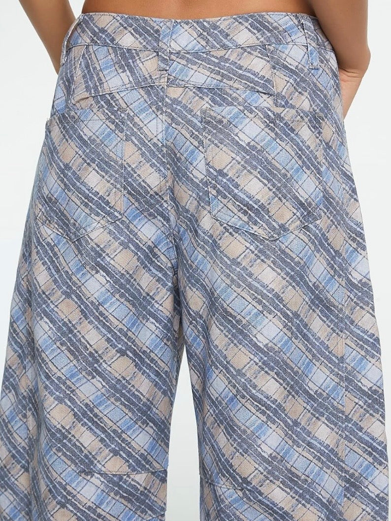 Light Blue and beige Striped & Square Print Barrel Pants – Limited Edition