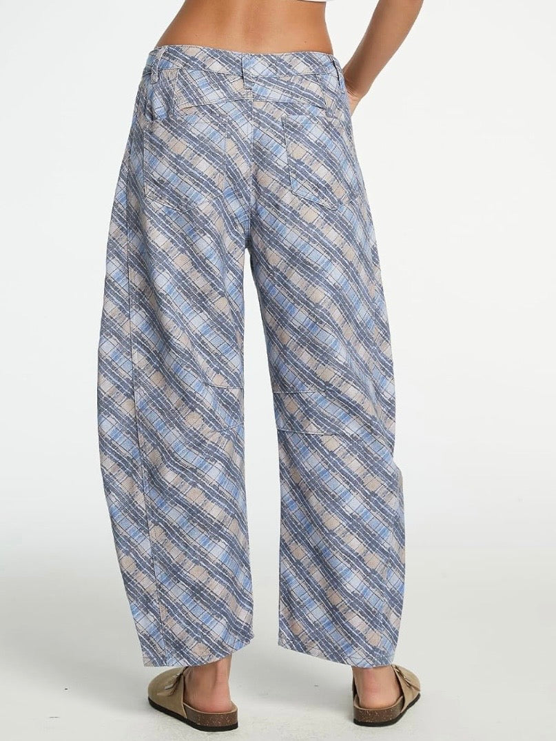 Light Blue and beige Striped & Square Print Barrel Pants – Limited Edition