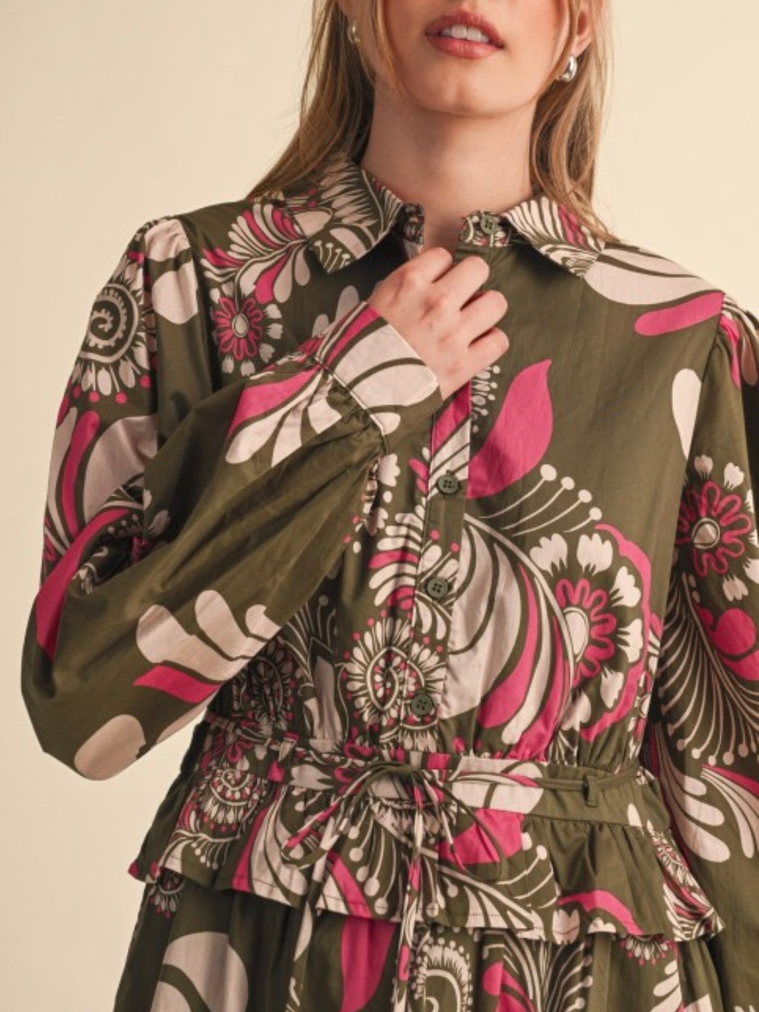 Olive Green Floral Cotton Midi Shirt Dress