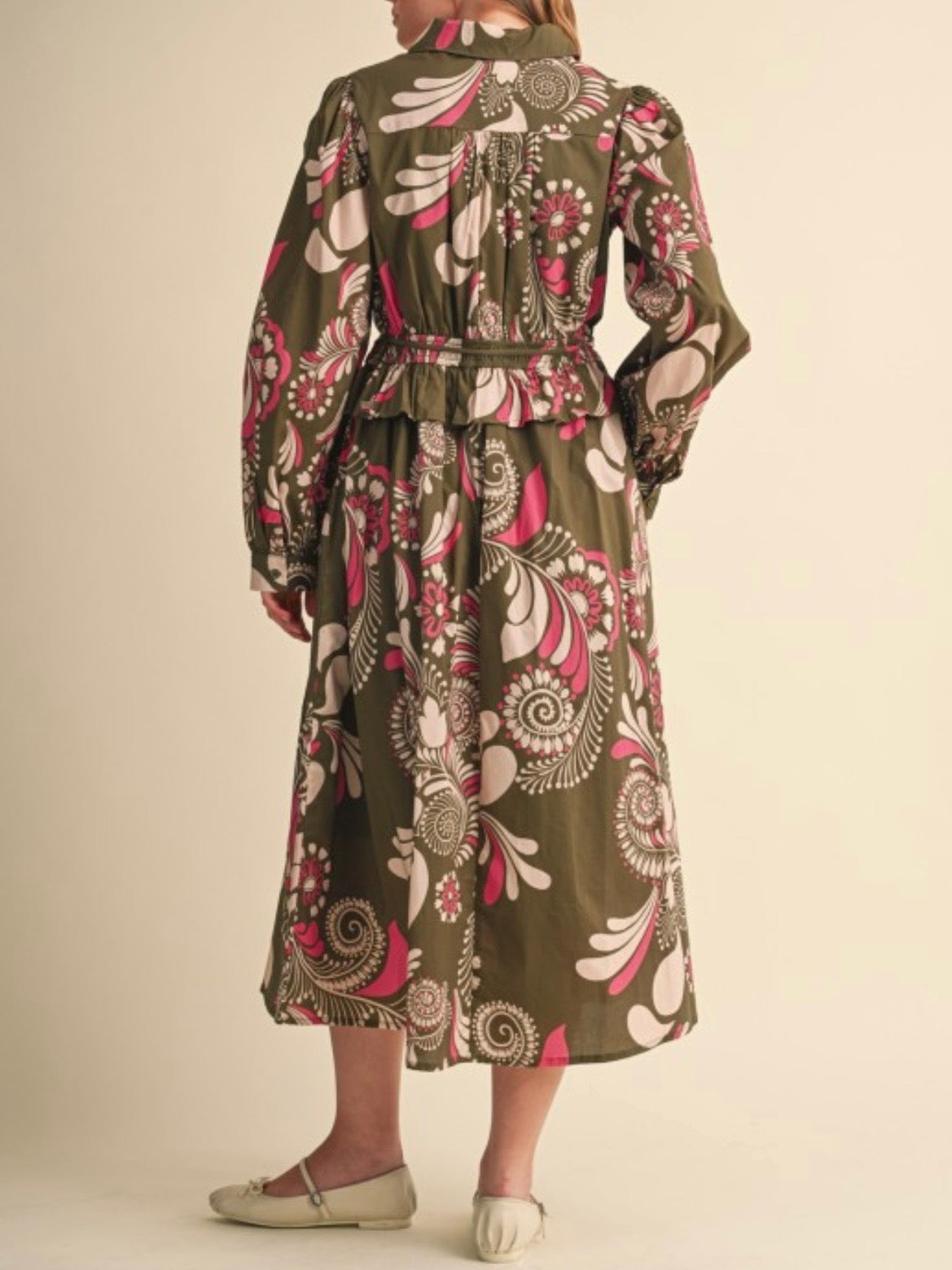 Olive Green Floral Cotton Midi Shirt Dress