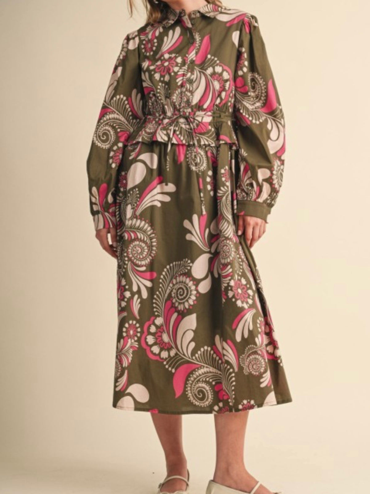 Olive Green Floral Cotton Midi Shirt Dress