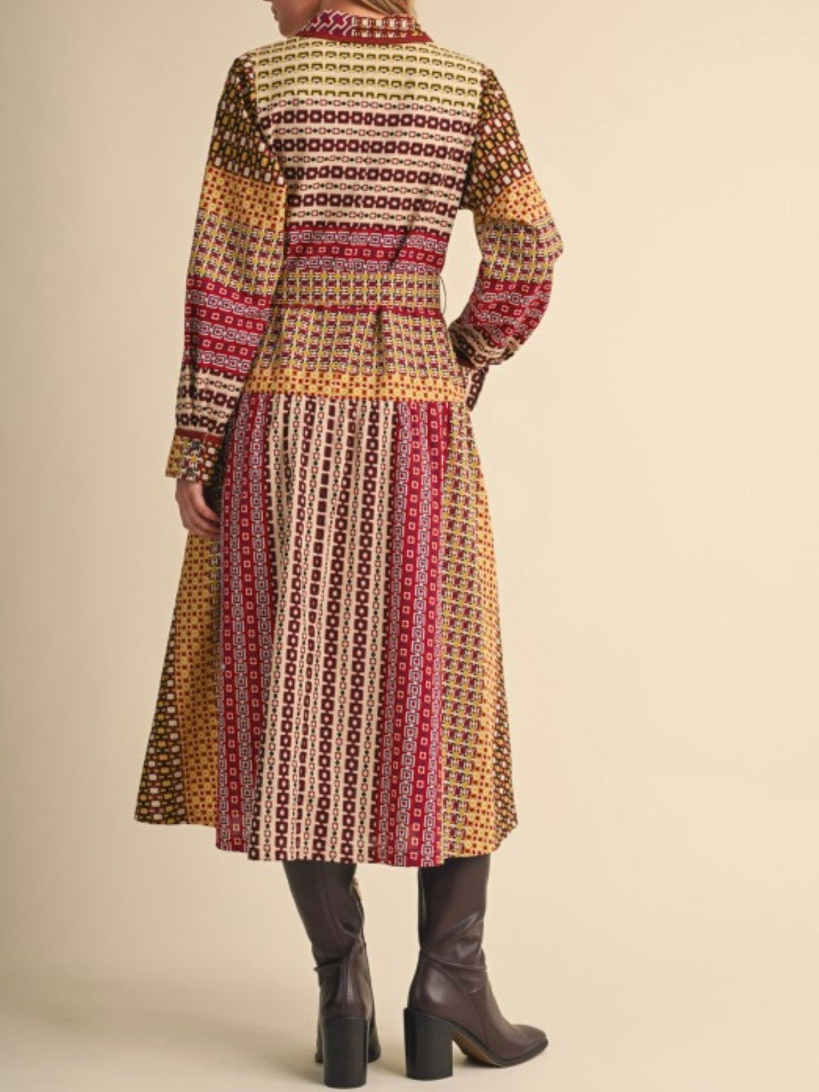 Geometric Print Belted Cotton Midi Shirt Dress
