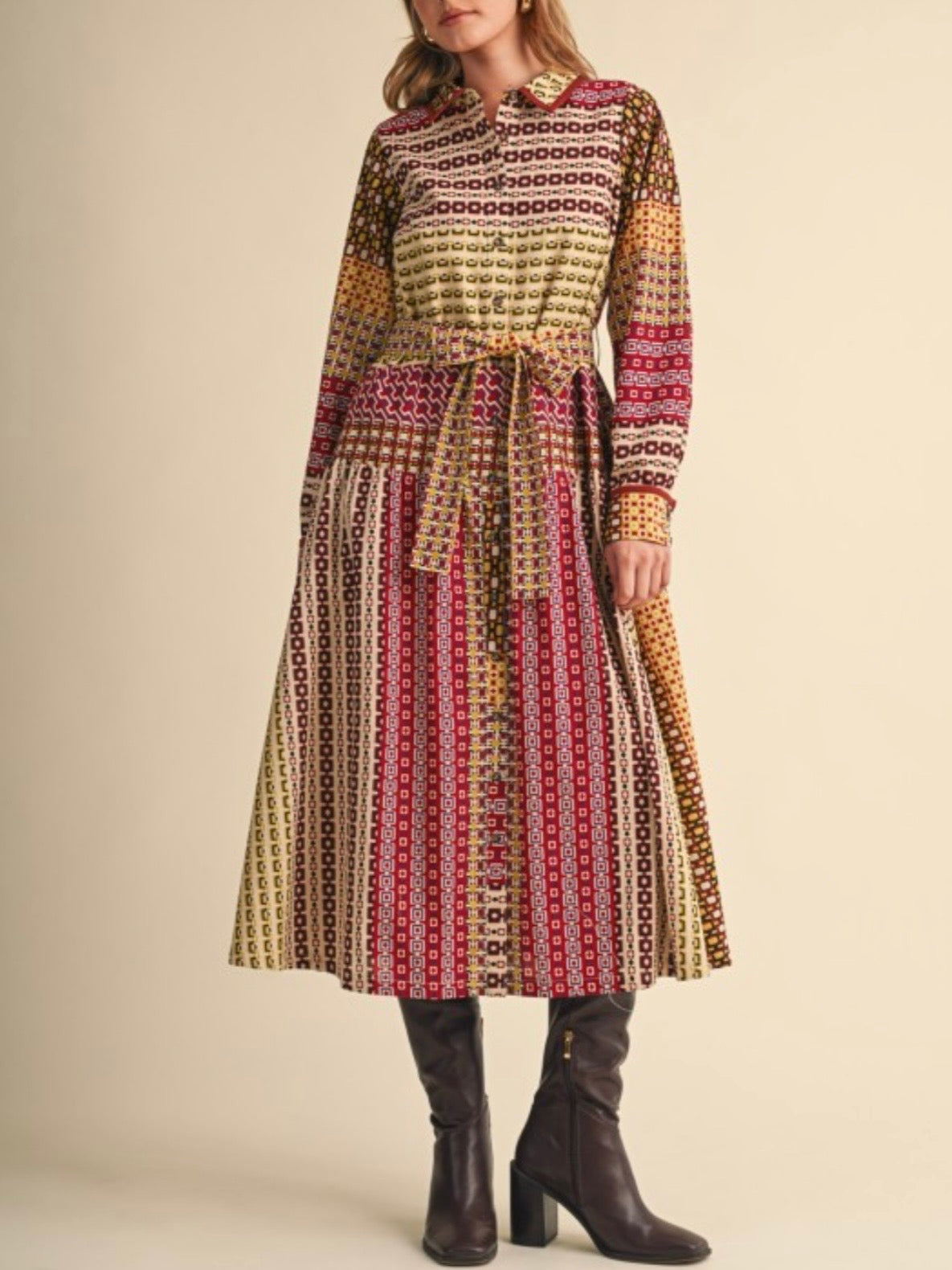Geometric Print Belted Cotton Midi Shirt Dress