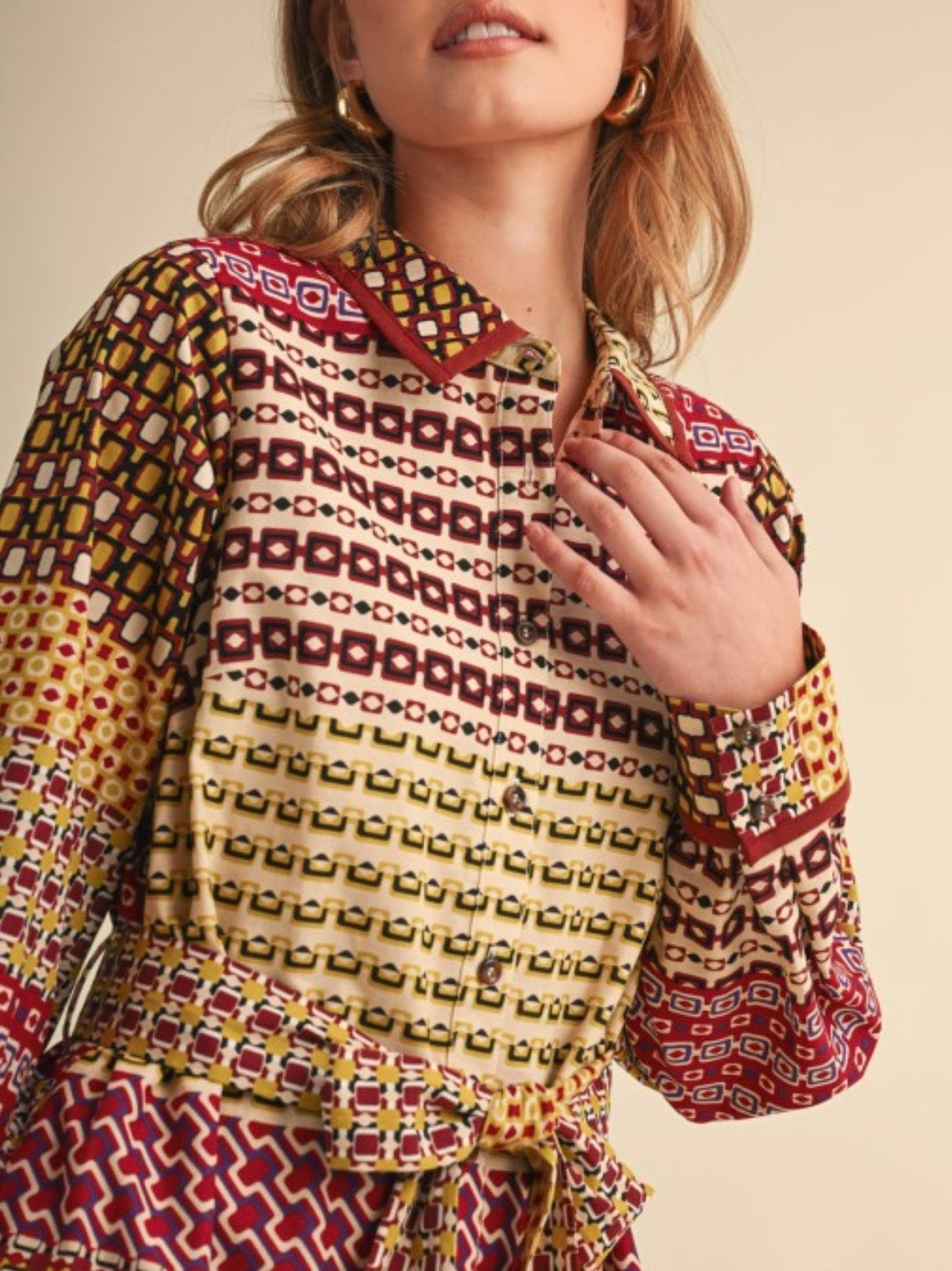 Geometric Print Belted Cotton Midi Shirt Dress