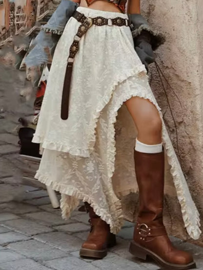 Beige boho asymmetrical edge midi open skirt