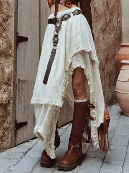 Beige boho asymmetrical edge midi open skirt