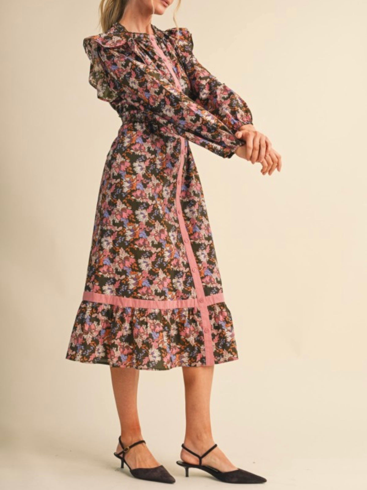 Floral Ruffle Midi Dress with Pink Trim